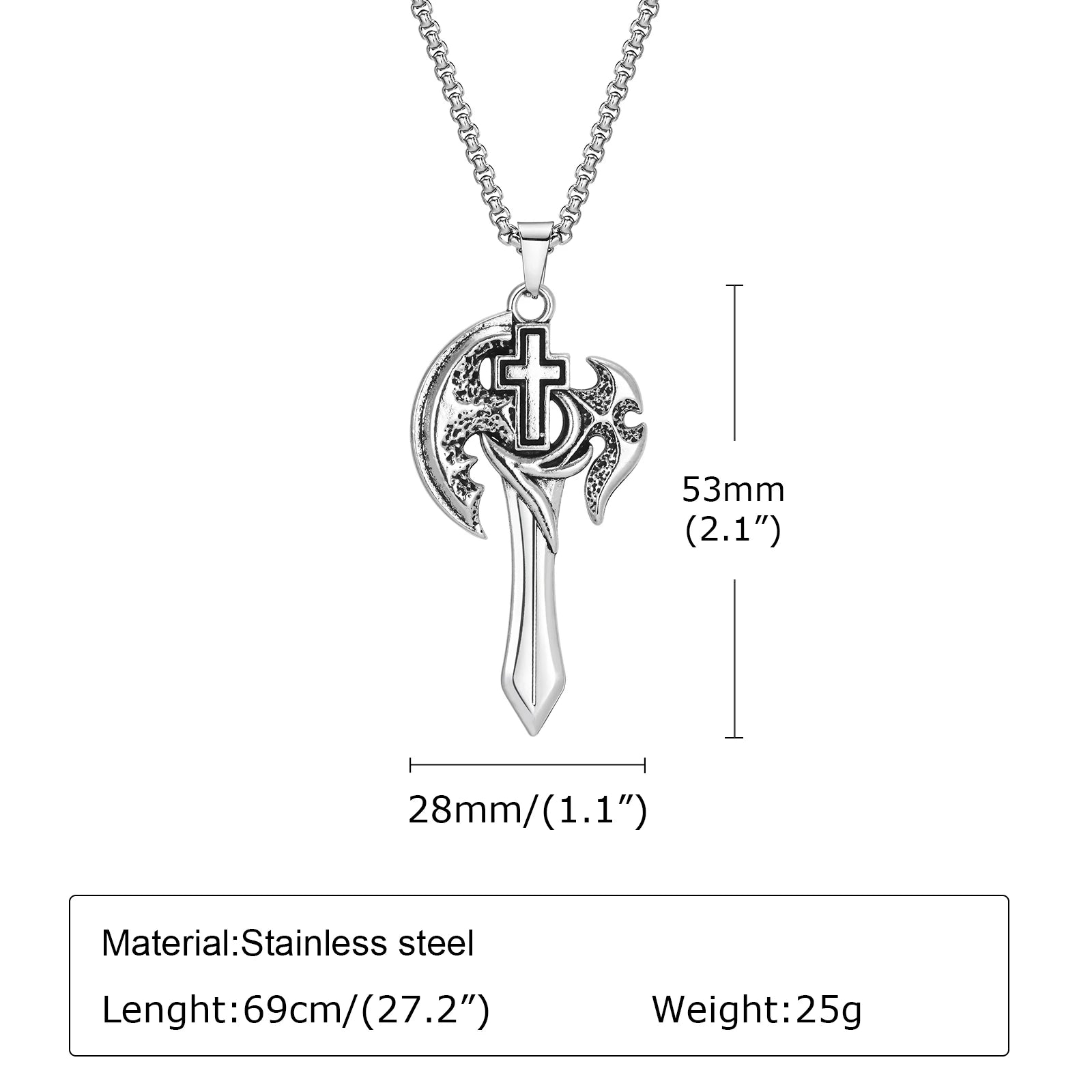 Mprainbow Mens Axe Sword Necklaces, Waterproof Stainless Steel Cross Pendant with Box Chain,Father's Day Birthday Party Gifts