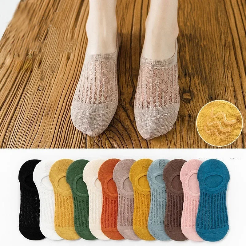 5pair Women Invisible Boat Mesh Socks Summer Mujer Silicone Non-slip Chaussette Ankle Low Cut Female Show Breathable Thin Sock