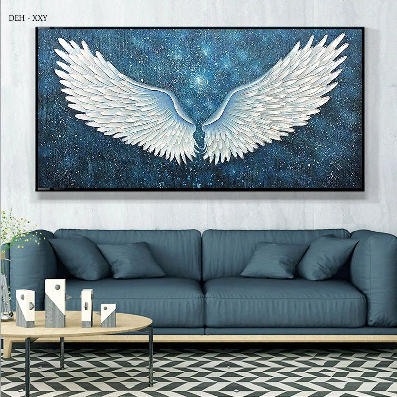 Modern Abstract Wall Decoration Painting White Angel Wings Art Canvas Painting Poster Star Blue Picture Living Room Home Decor