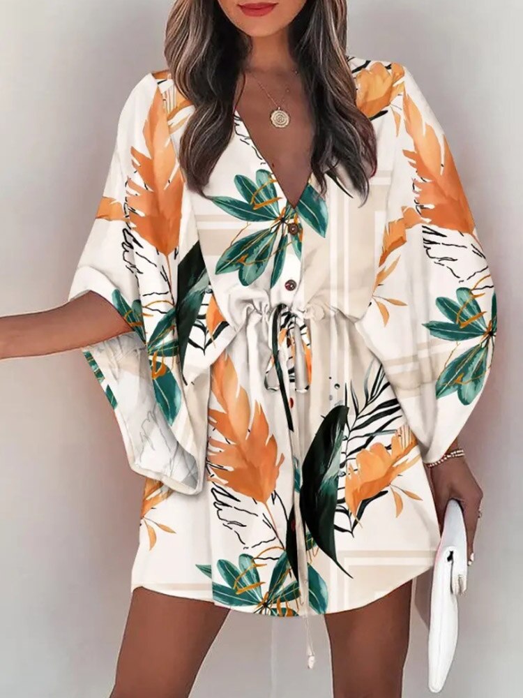 Casual Boho Button Beach Dresses 2023 New Vintage Batwing Sleeve Drawstring Dress Women Fashion Loose V-Neck Printed Mini Dress - RY MARKET PLACE