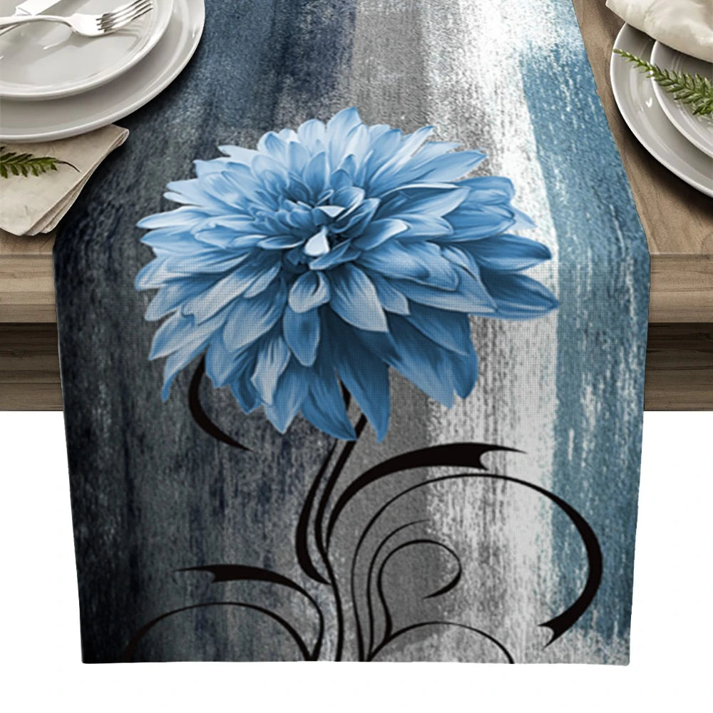 Plant Style Dahlia Oil Painting Blue Table Runner Party Tablecloth Anti-Stain Dining Tablecloth Wedding Decoration Tables Runner