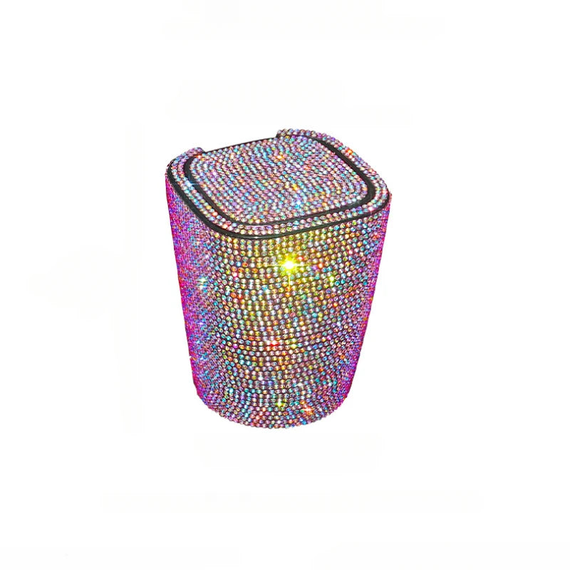 Car Diamond Ashtray LED Lights with Cover Windproof and Odor-Proof Bling Bling Mini Auto Trash Can Car Accessories for Women