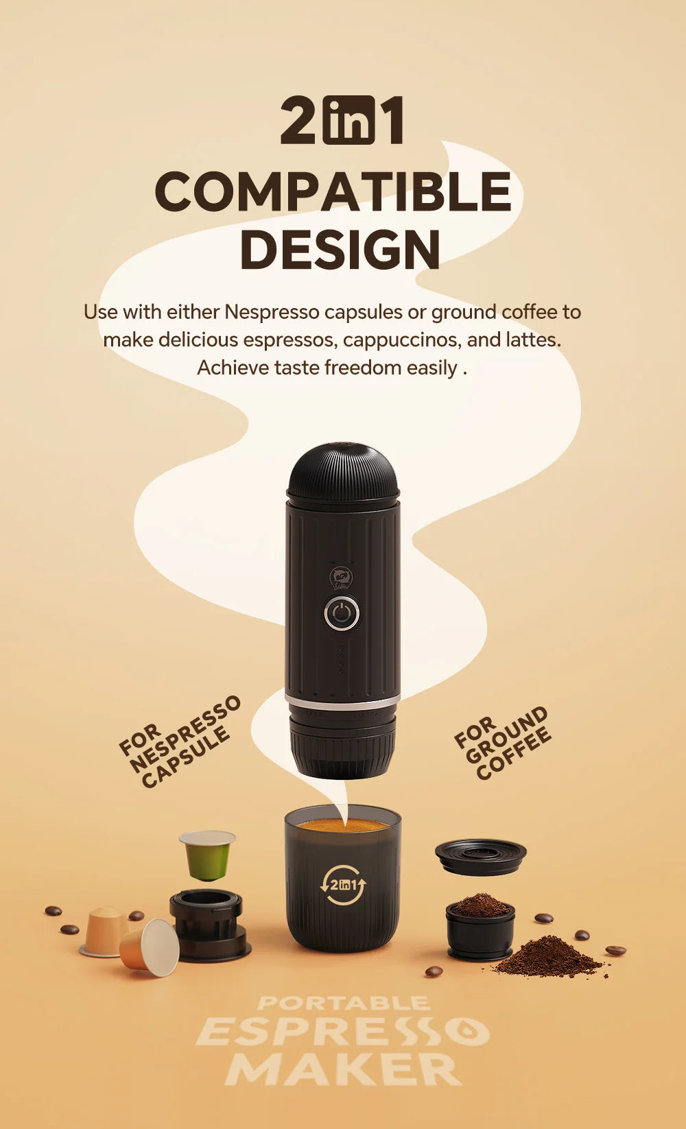 iCafilas Portable Heating Coffee Machine Wireless Electric Coffee Maker fit Nespresso Capsule Powder & French Press Pot for Car