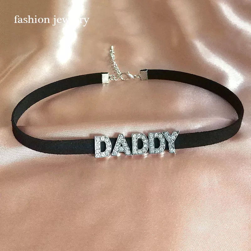 Fashion Rhinestone Letter Daddy Necklace Black Soft Leather Choker Collar Sexy Party Neck Jewelry DIY Custom Name Necklace Gift