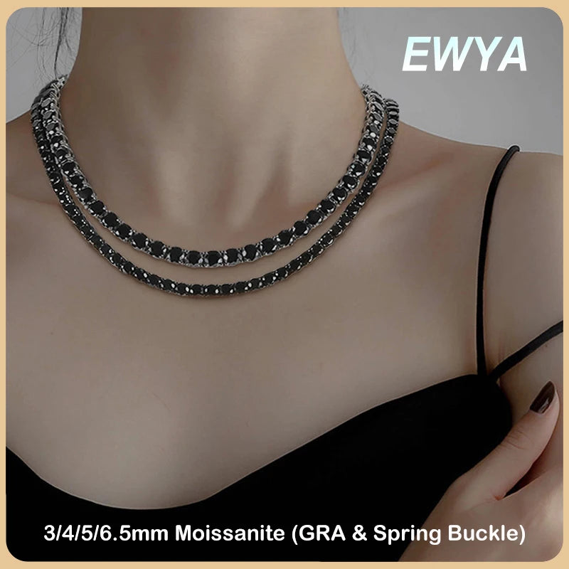 EWYA Full 3/4/5/6.5MM Black Moissanite Tennis Necklace for Men Women S925 Silver Plated 18K Black Gold Neck Chain Necklaces Gift