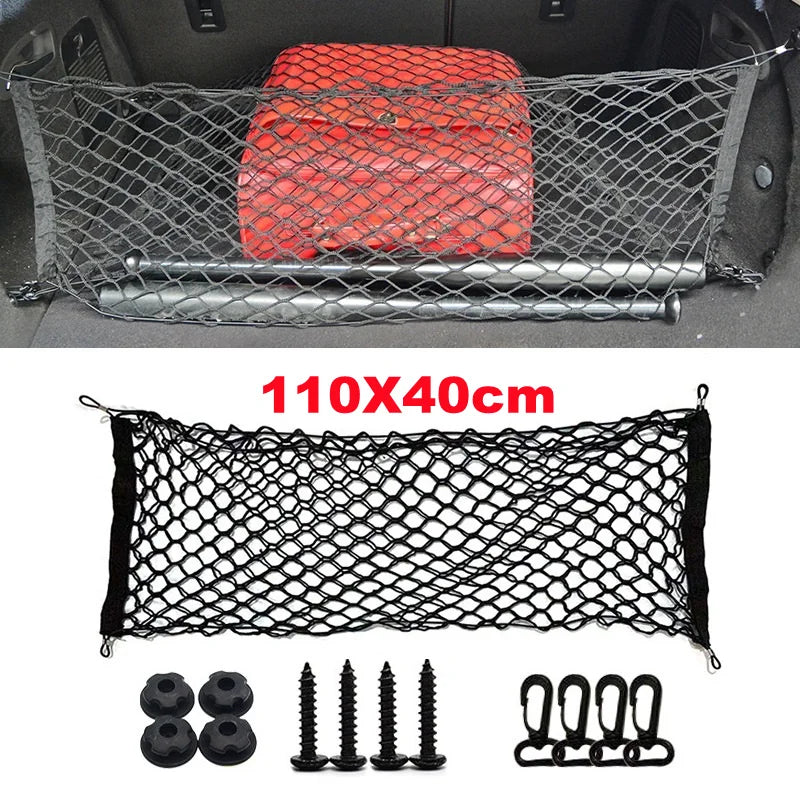 Car Rear Trunk Net Mesh Elastic Nylon Back Cargo Storage Organizer Double Layer Luggage Grocery Holder Universal Car Accessories