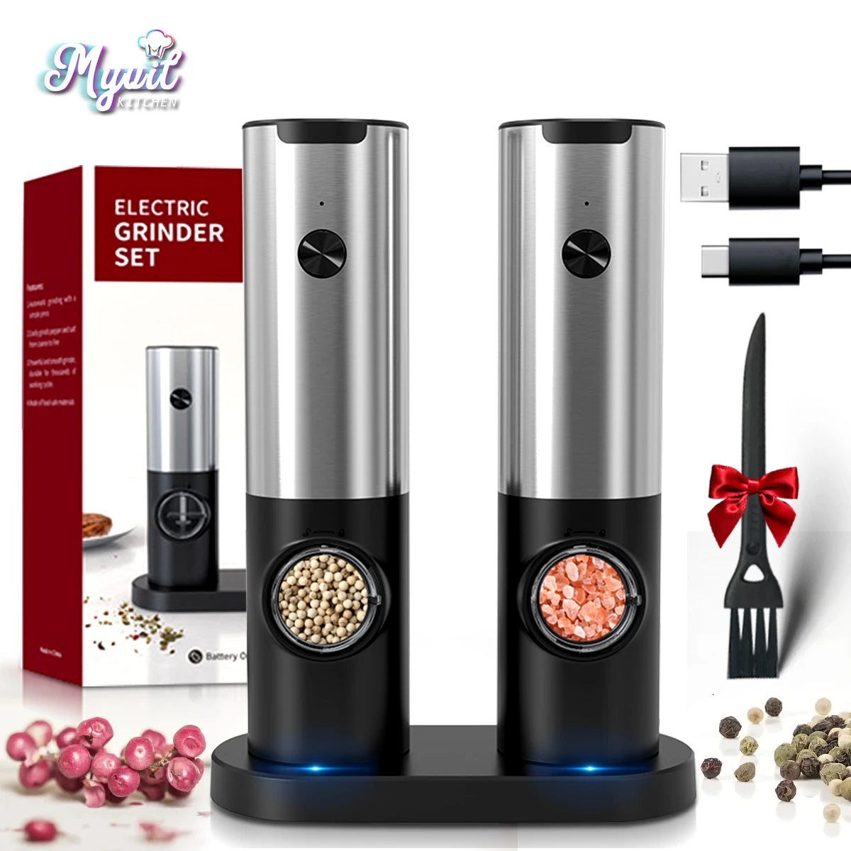 Electric Salt And Pepper Grinder Set Base Charging Stainless Steel USB Rechargeable Automatic Pepper Mill Salt Adjustable Spice