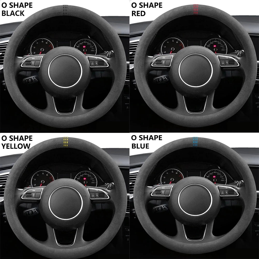 Car Steering Wheel Covers Cowhide Suede Steering Wheel Cover Wrap Universal 37-38cm Breathable Steering Covers Car Accessories