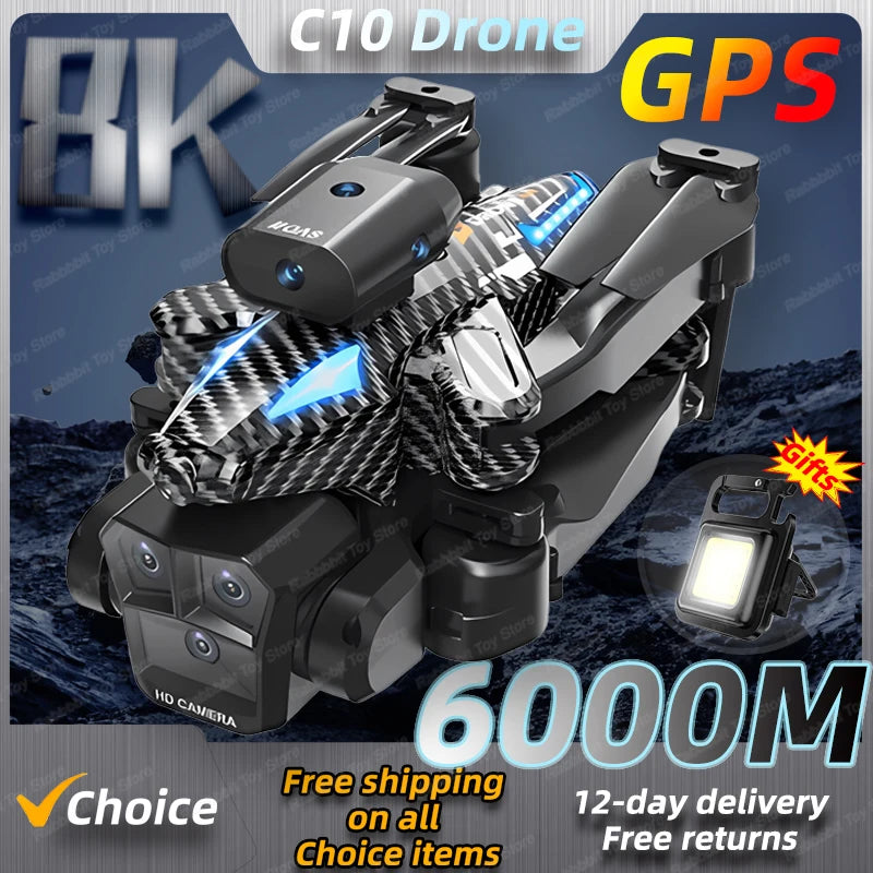 New C10 Max 6000M GPS Rc Drone HD Optical Flow Positioning Obstacle Avoidance Gesture Photography Foldable Quadcopter Toy Gifts