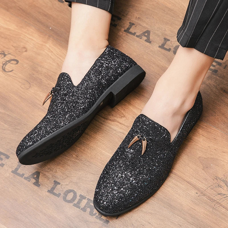 Men's Sparkling Wedding Silvery Leather Shoes Pepper Tassel Laofers Fashion Slip-on Party Shoes Comfy Driving Shoes Dress Shoes