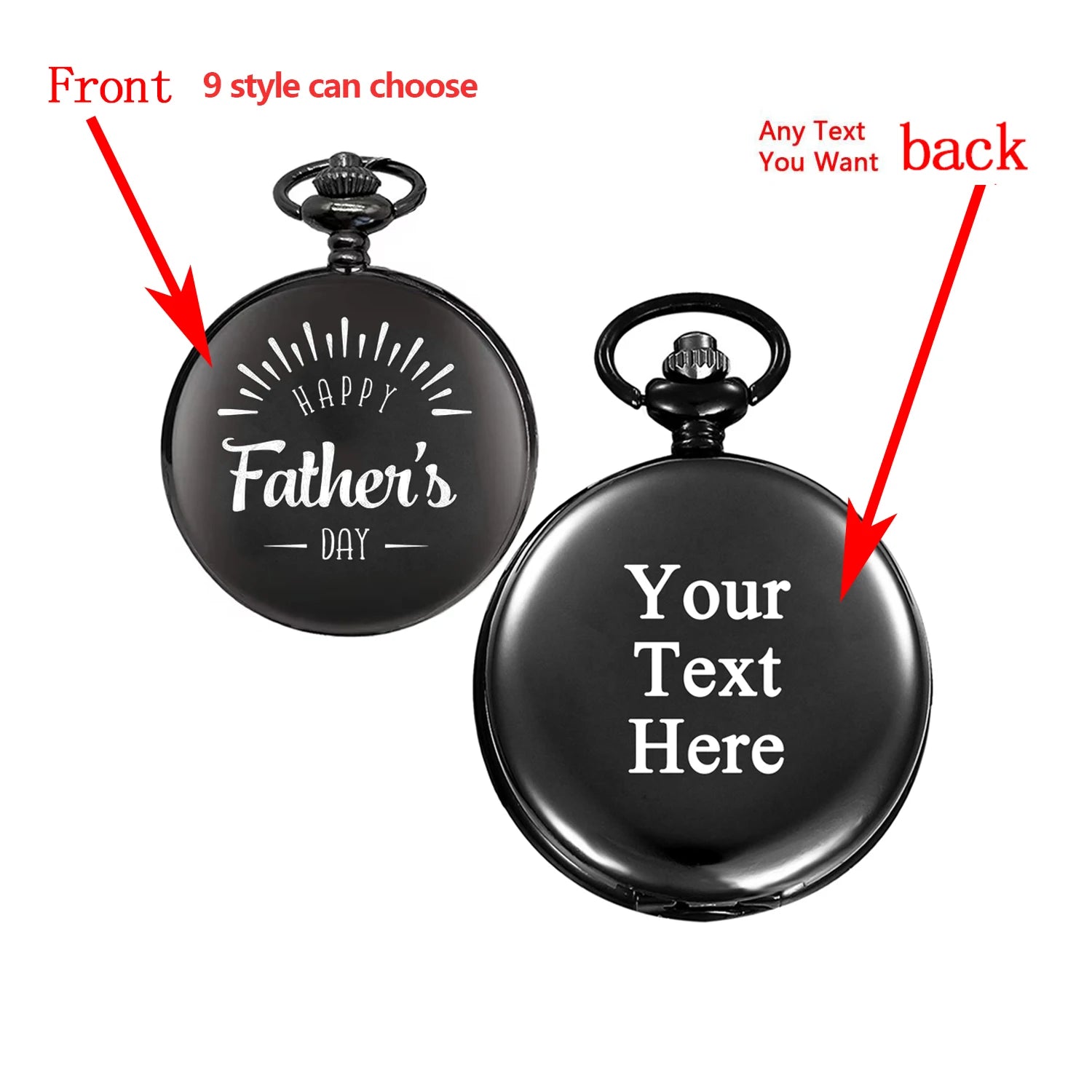 Customize With Your Text carving english alphabet face pocket watch a belt chain Black quartz watch father's day gift