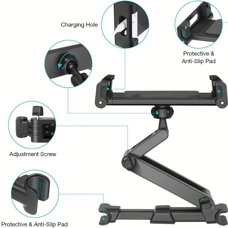 Car Tablet Holder, Headrest Mount Adjustable Stand Cradle Compatible With 5" To 12.9" Cell Phones And Tablets