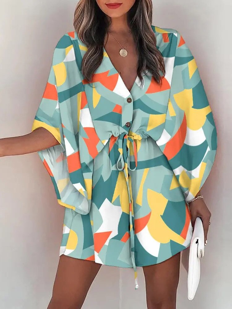 Casual Boho Button Beach Dresses 2023 New Vintage Batwing Sleeve Drawstring Dress Women Fashion Loose V-Neck Printed Mini Dress - RY MARKET PLACE