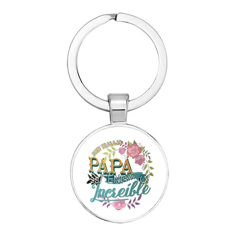 Fashion Jewelry Glass Pendant Metal Keychain Happy Father's Day Spanish Super Papa Gifts