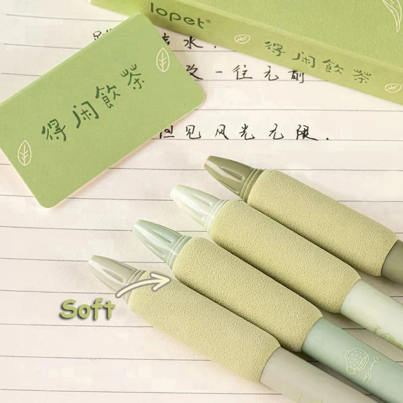 4PCS/Pack Green Tea Gel Pen Set 0.5mm Writing Pen Soft Touch Holder  Ballpoint Pen Black Color Ink Gel Pens Office School Supply