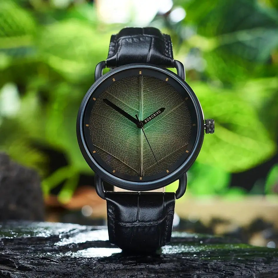 Father's Day Gifts Men's Watches Real Leaf Dial Fashion Wristwatch Genuine Leather Strap Support OEM, Customized, Dropshipping