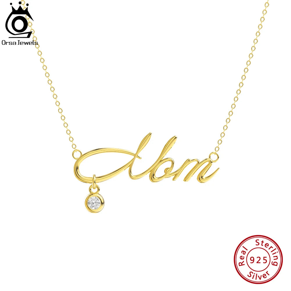 ORSA JEWELS Best Mother's Day Gift 925 Sterling Silver Mom Letter Zircon Pendant Necklace for Women Mom's Necklace Jewelry HON25