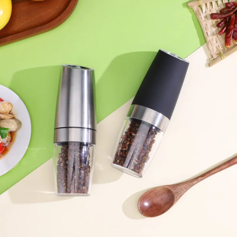 Gravity Electric Pepper and Salt Grinder Set Adjustable Coarseness Battery Powered with LED Light One Hand Automatic Operation