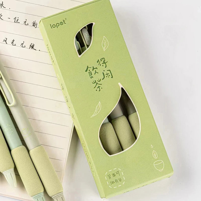 4PCS/Pack Green Tea Gel Pen Set 0.5mm Writing Pen Soft Touch Holder  Ballpoint Pen Black Color Ink Gel Pens Office School Supply