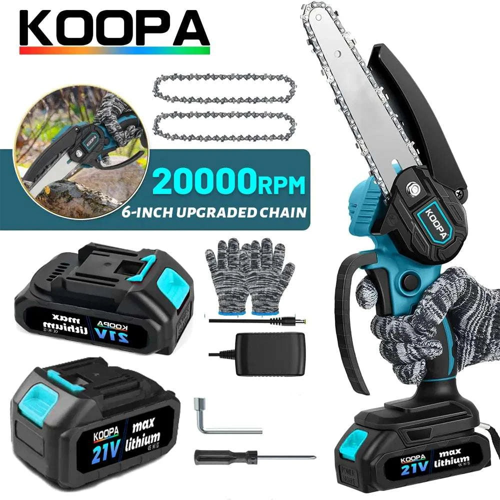 Mini Chainsaw Koopa Tool 6-Inch Powerful Cordless Rechargeable Handheld Small Electric Saw Powered by 21V 2000/3000mAh Batteries