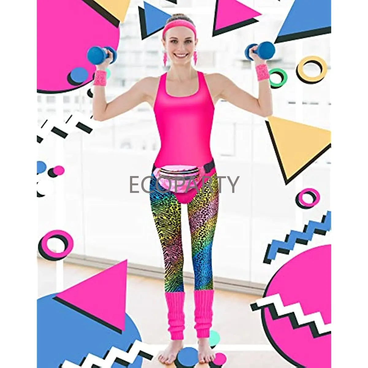 7 Pcs 80s Fancy Workout Costume 80s Accessories Set 80s 90s Leotard Legging Headband Wristbands Leg Warmers Earrings Fanny Pack