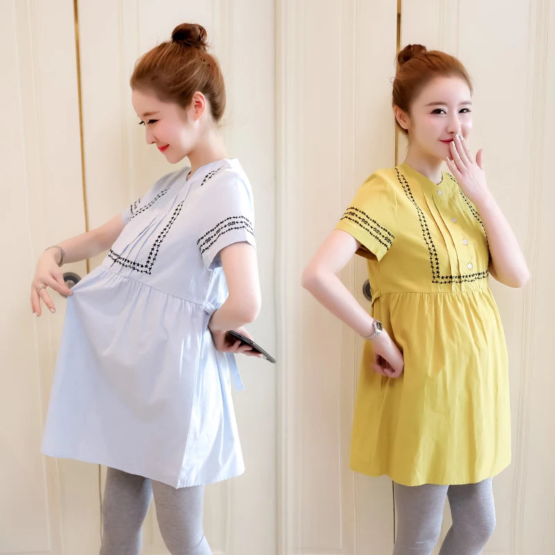 2024 Spring and Summer Maternity Cotton Clothes Striped Patchwork Pregnant Woman Short Sleeve Shirts With Belt Pregnancy Blouses