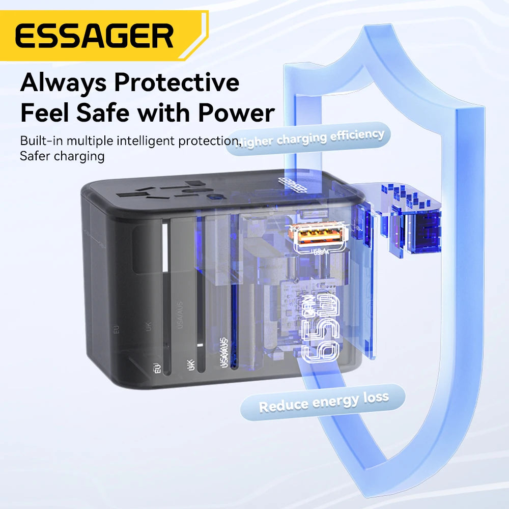 Essager Universal Travel Adapter Charger 65W All-in-One Travel Charger Fast Charger for US EU AU Plug UK Full Function Charging