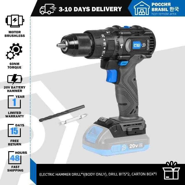 20V Brushless Hammer Drill 60NM Impact Electric Screwdriver Steel