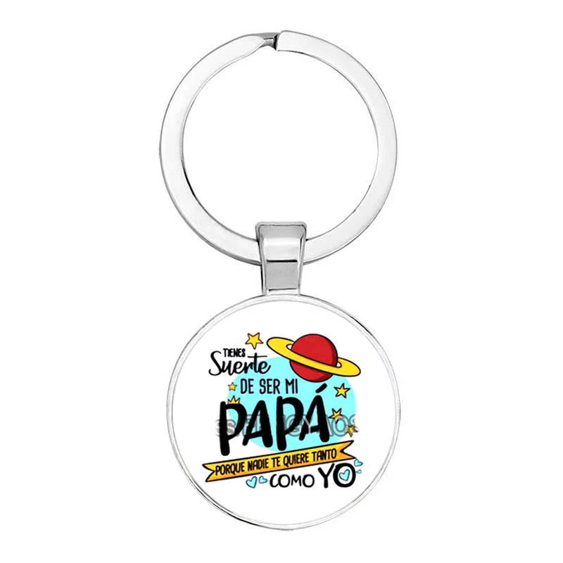 Fashion Jewelry Glass Pendant Metal Keychain Happy Father's Day Spanish Super Papa Gifts