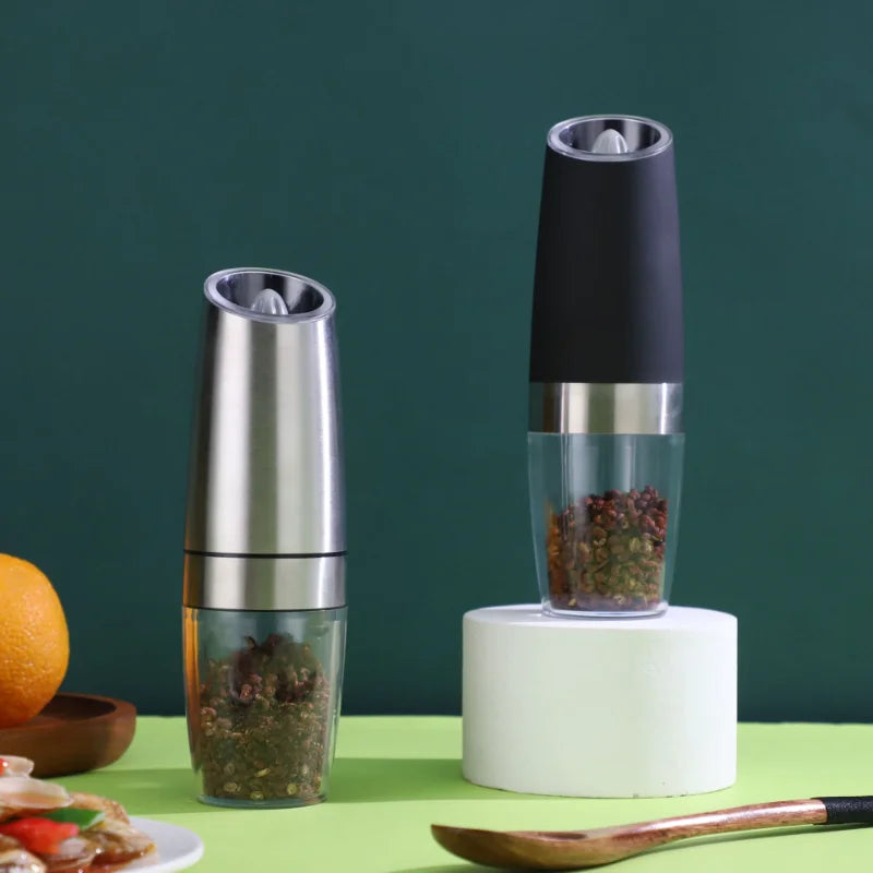 Gravity Electric Pepper and Salt Grinder Set Adjustable Coarseness Battery Powered with LED Light One Hand Automatic Operation