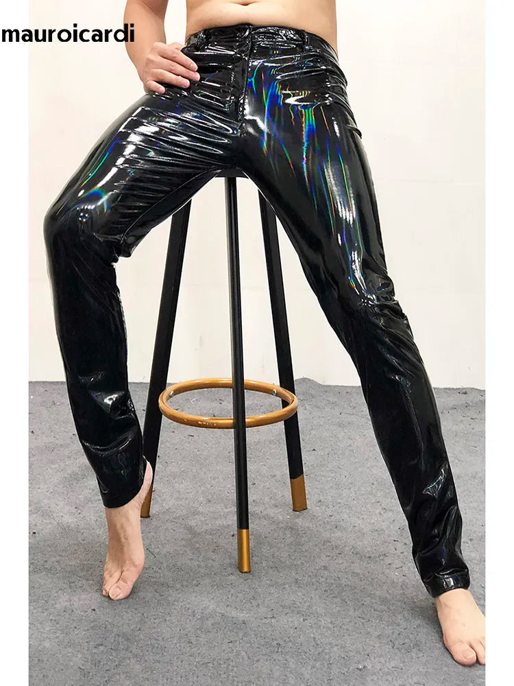 Mauroicardi Spring Skinny Sexy Shiny Reflective Stretchy Black Patent Pu Leather Pants Men Y2K Streetwear Latex Trousers 2023