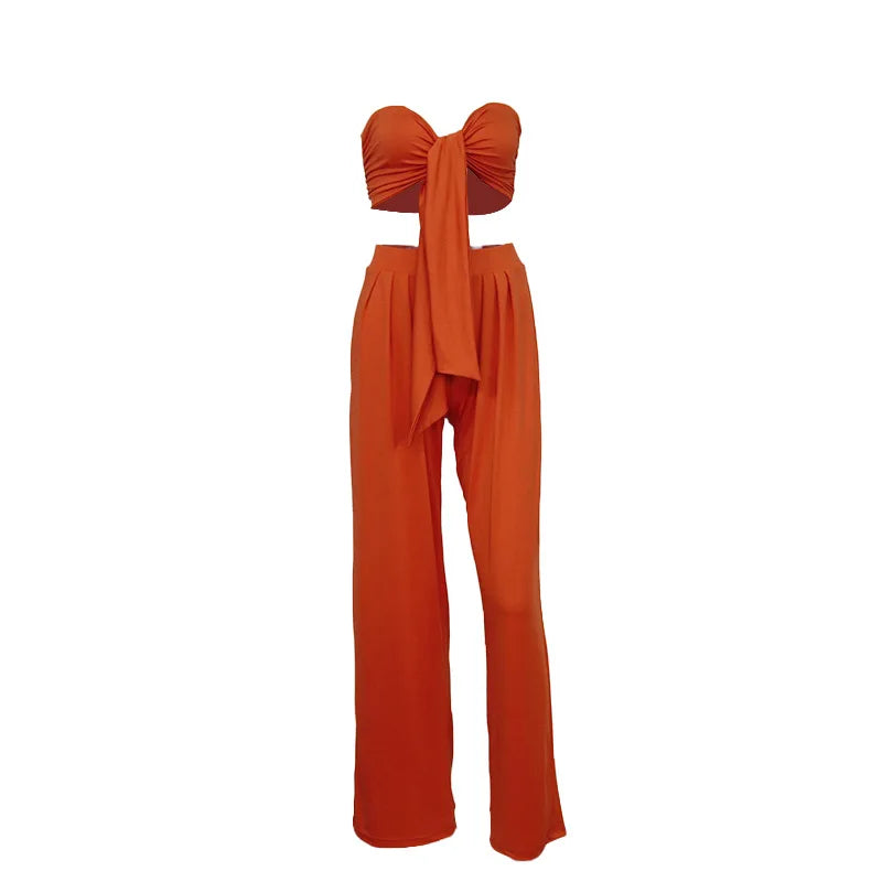 Autumn New Female Sense 2023 Pure Color Lace-up Tube Top Trousers Two-piece Suit Fashion Street Style Casual Women's Clothing