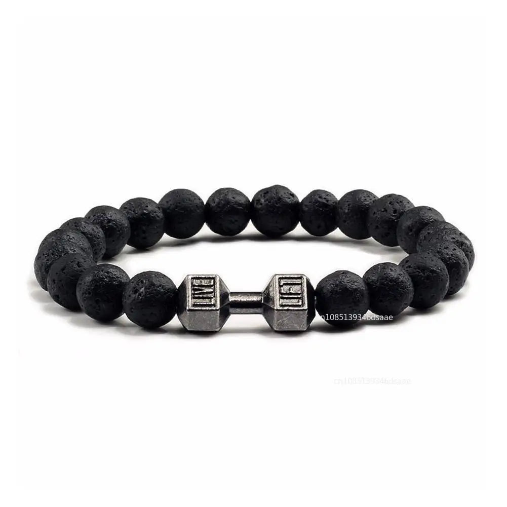 Lava Bracelet Black Volcanic Stone Black Matte Dumbbell Beads Bracelets Father's Day Gift for Women Men Fitness Barbell Jewelry