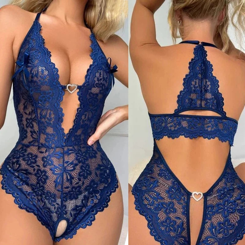 One Piece Open Bra Crotchless Women's Underwear For Sex Lace Transparent Lingerie Sets Plus Size Body Suit Erotic Lenceria Mujer