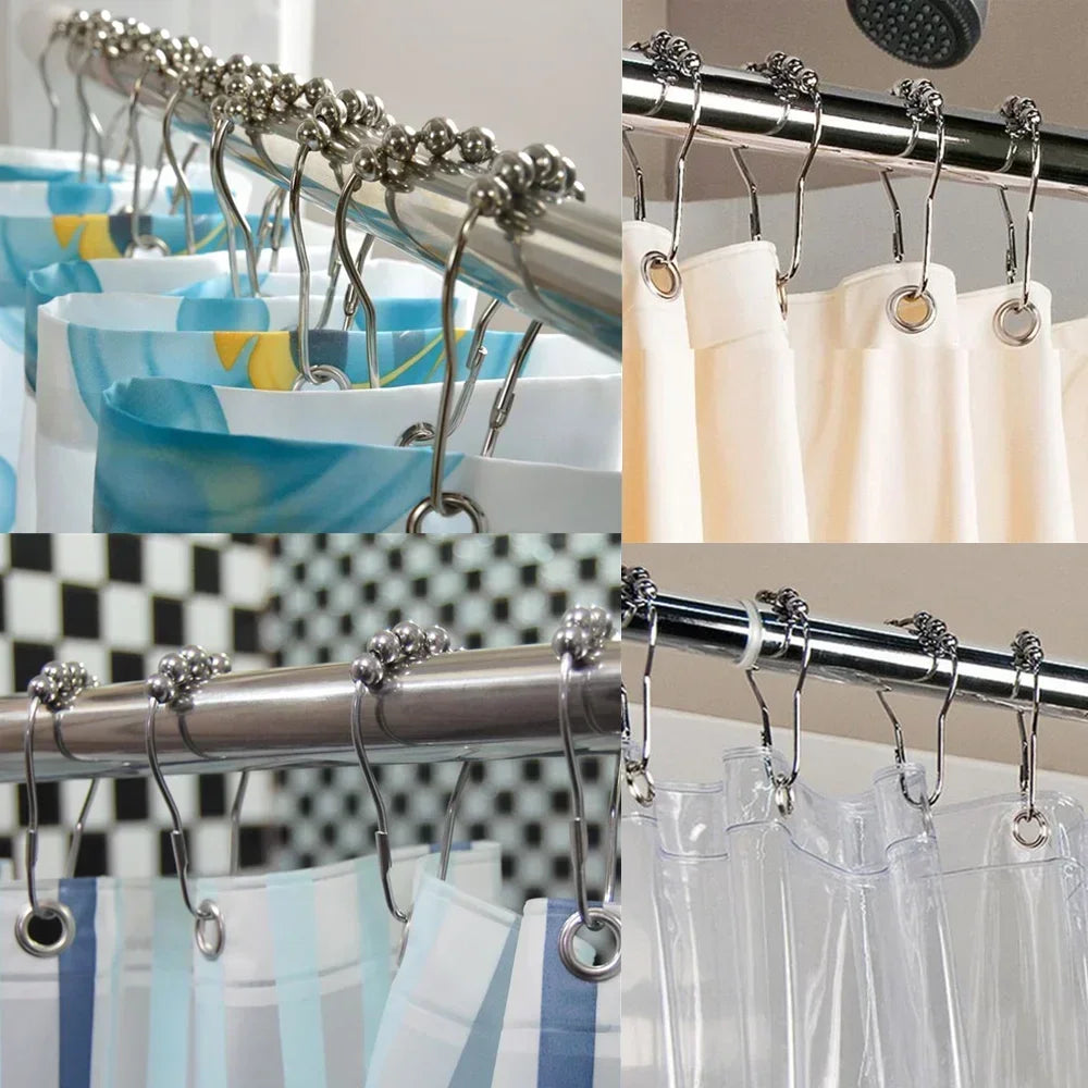 12pcs Bath Curtain Rollerball Shower Curtain Rings Hooks 5 Roller Glide Shower Curtain Hangers Curtain Accessories Bathroom