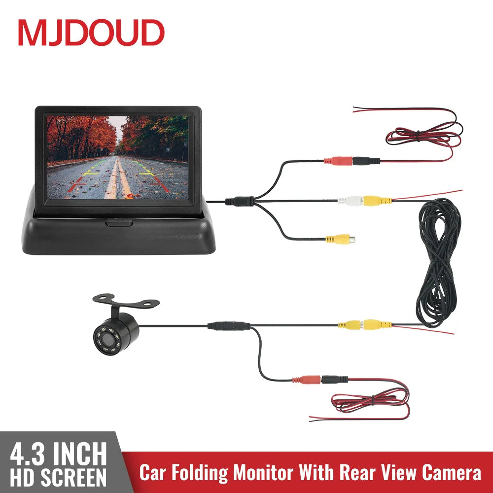 MJDOUD Car Rear View Camera Monitor Folding 4.3" TFT LCD HD Screen Reverse LED Backup Reversing Camera for Vehicle Parking