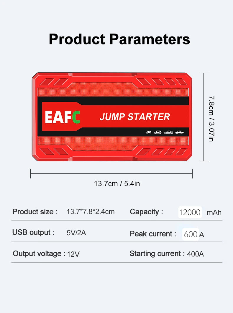 12000mAh 600A Car Jump Starter Power Bank 12V Portable Car Battery Booster Charger Starting Device Petrol Diesel Car Starter
