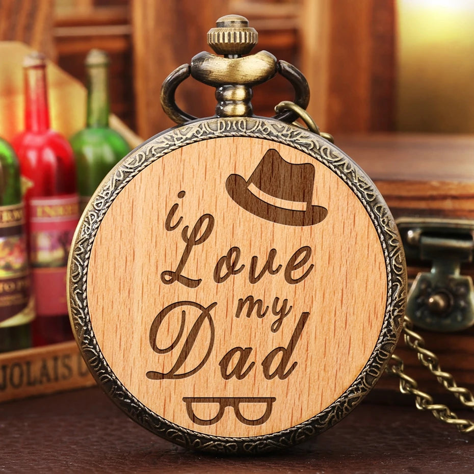 I Love You My Dad Best Papa Engraved Text Quartz Pocket Watch Necklace Chain Male Wooden Watch Father's Birthday Gifts for DAD