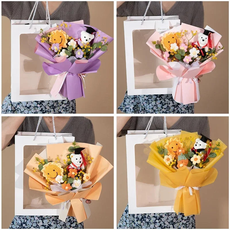 Artificial Crochet Flower Bouquet Hand-knitted Bouquet Multi Colored Faux Flower Mother Day Gift Birthday Wedding Guest Gift 꽃다발