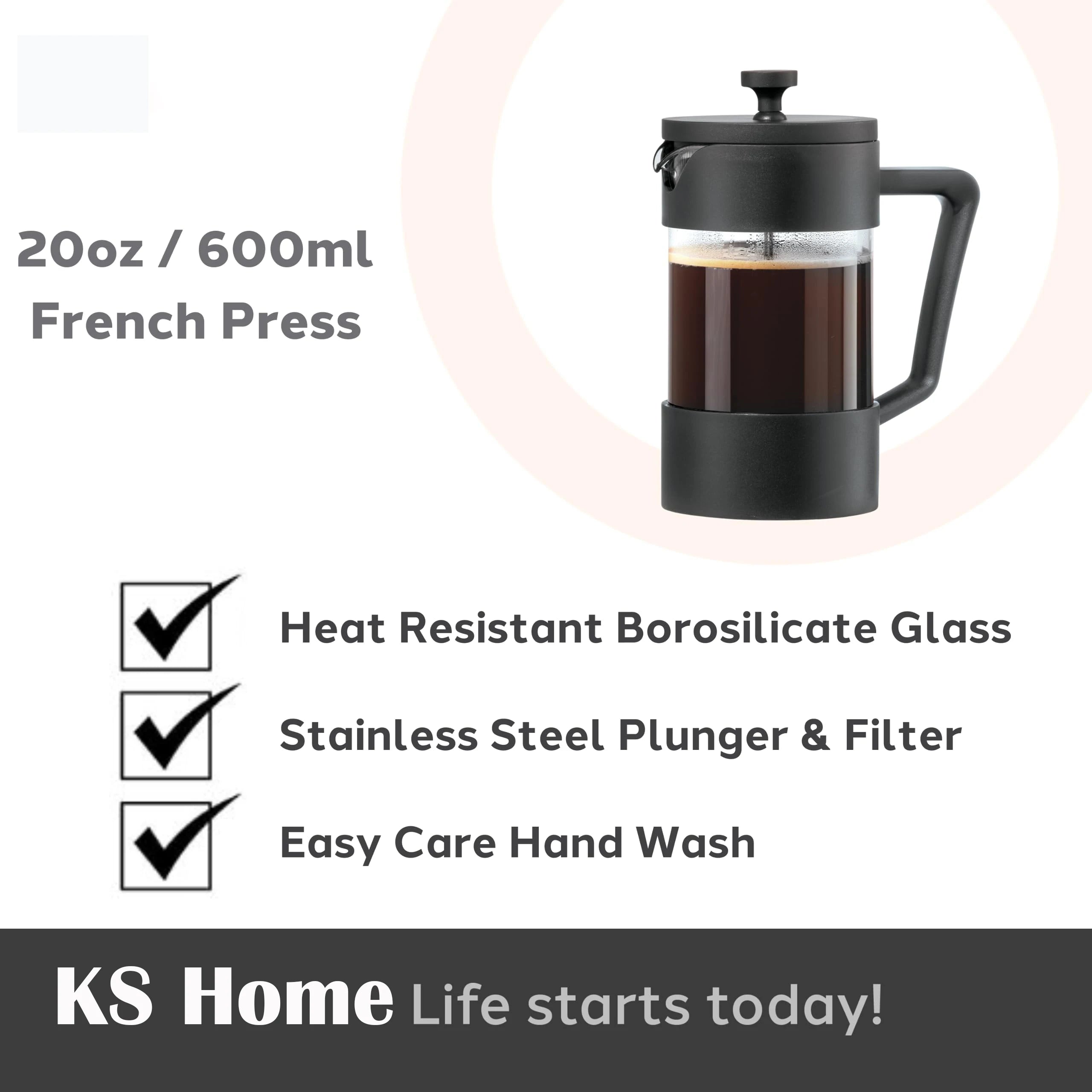 Borosilicate Glass French Press Coffee Maker (20oz)- 5 Cup Capacity Coffee Press, Single Serve Coffee Maker, Stainless Steel Lid