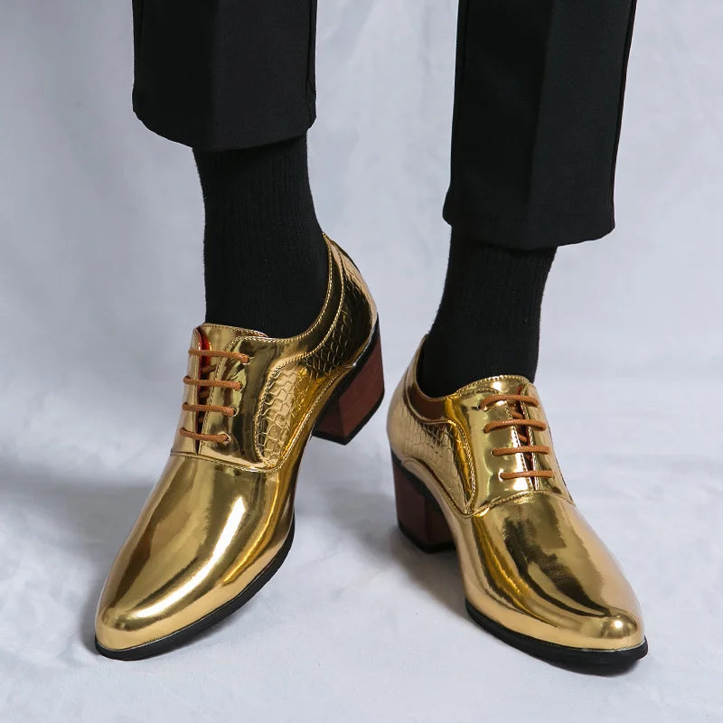 New 2023 Luxury Gold Men High Heel Leather Shoes Moccasins Designer Pointed Dress Shoes Men Wedding Formal Shoes Big Size 46