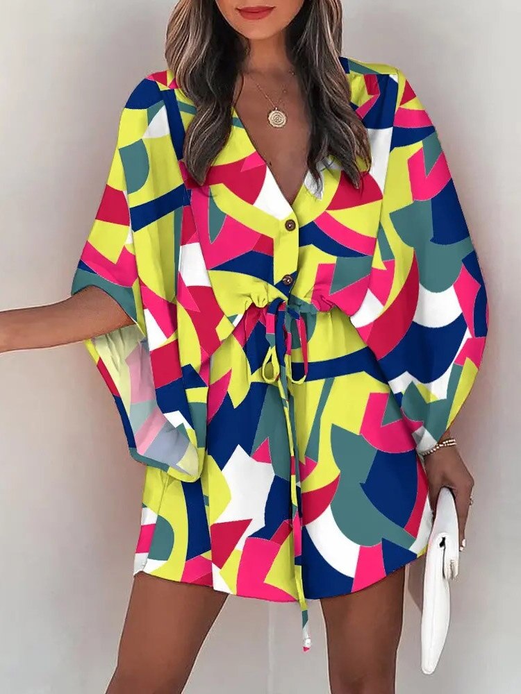 Casual Boho Button Beach Dresses 2023 New Vintage Batwing Sleeve Drawstring Dress Women Fashion Loose V-Neck Printed Mini Dress - RY MARKET PLACE