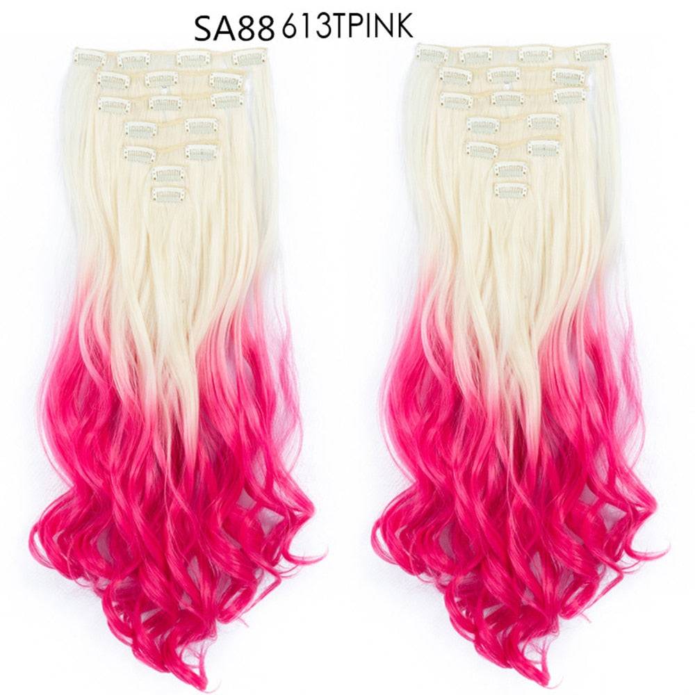 LINWAN Hair 22inch Ombre Hair Long Curly Hair Extension 16 Clips High Tempreture Synthetic Hairpiece Clip In Hair Extensions - RY MARKET PLACE