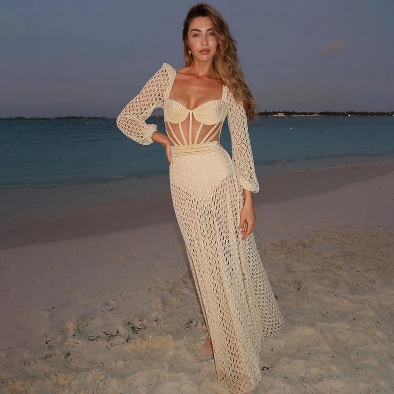 Cutout Stretch Knit Swimsuit 2024 Women's Swimwear One Pieces Beach Outfits Luxury Long Sleeve Cover-Ups Bathing Suit Beachwear