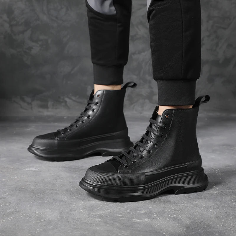 Autumn Men and Women Ankle Boots Chunky Platform Shoes High-cut Genuine Leather Sneakers Motorcycle Boots Skateboard Sport Shoes