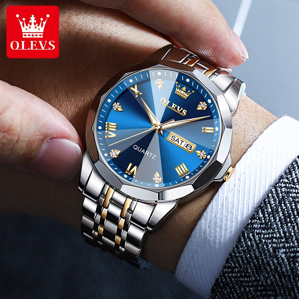 OLEVS Men's Watches Top Brand Original Quartz Watch for Man Waterproof Rhombus Mirror Luminous Wristwatch Date Week Casual New - RY MARKET PLACE