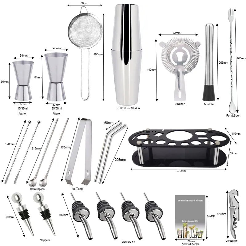 13-22Pcs 750ml 600ml Boston Cocktail Shaker Bar Tools Wine Mixer Set Bartender Cocktail Shaker Tool Kit with Holder