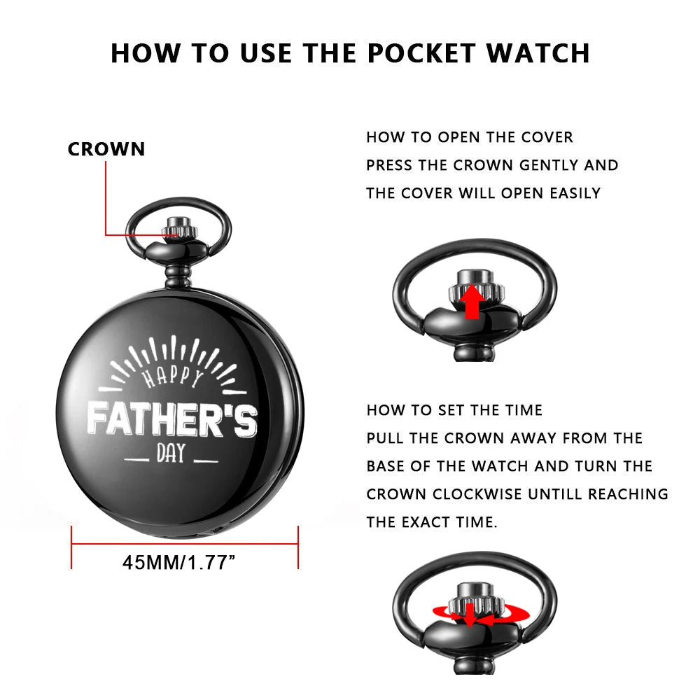 Happy Father's day design carving english alphabet face pocket watch a belt chain Black quartz watch father's day perfect gift