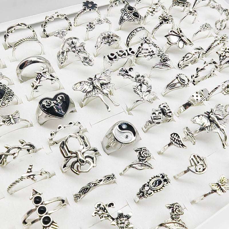 50pcs/Lot Wholesale Mix Style Finger Rings For Women Black Enamel Heart Carved Flower Skull Big Butterfly Acrylic Jewelry Girls - RY MARKET PLACE