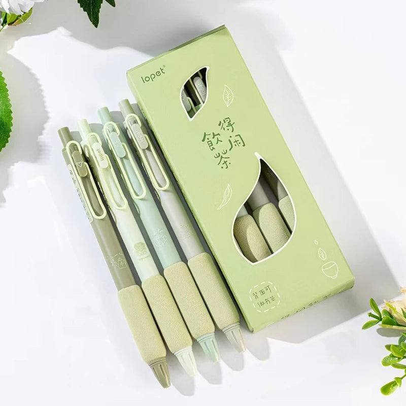 4PCS/Pack Green Tea Gel Pen Set 0.5mm Writing Pen Soft Touch Holder  Ballpoint Pen Black Color Ink Gel Pens Office School Supply